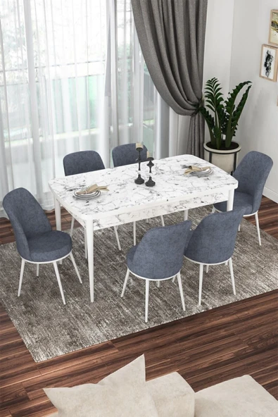 Canisa Concept Kor Serisi 70x114 Açılabilir Mutfak Masası Takımı Beyaz Mermer Desen Masa 6 Füme Sandalye ürün görseli 1
