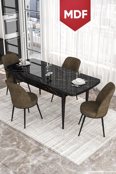 Canisa Concept Kor Serisi, 70x114 Açılabilir MDF Yemek Masası Takımı, Siyah Mermer Desen Masa Ve 4 Kahve Sandalye ürün görseli 1