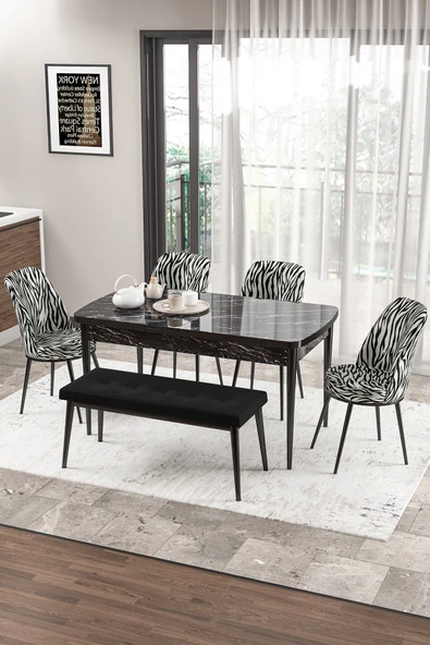 Canisa Concept Zen Serisi 80x132 Mdf Açılabilir Siyah Mermer Desen Masa Takımı 4 Zebra Sandalye Ve 1 Siyah Bench ürün görseli 1