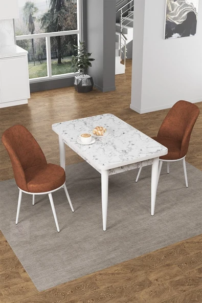 Canisa Concept Nil Serisi 70x110 Sabit Mutfak Masası Takımı Beyaz Mermer Desen Masa 2 Kiremit Sandalye ürün görseli 1