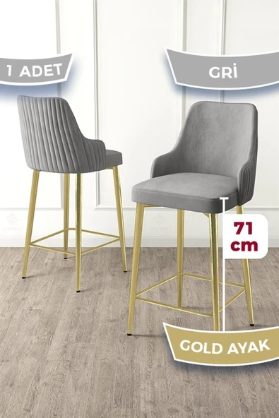 Canisa Enox Serisi 1 Adet Gri Mutfak Bar Sandalyesi Babyface Kumaş Gold Kaplama Metal Ayak ürün görseli 1