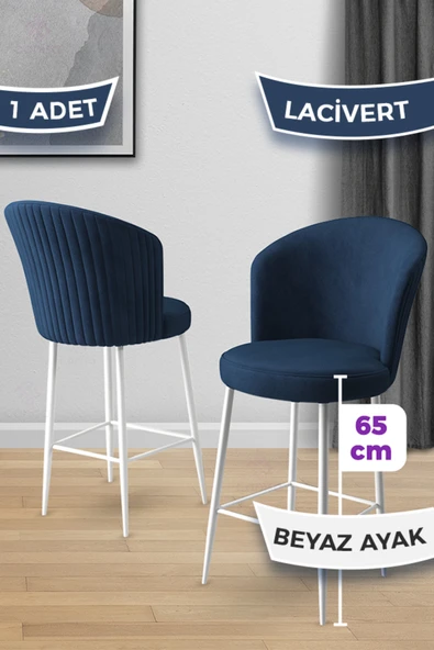 Canisa Alte Serisi 1 Adet 65 Cm Lacivert Ada Mutfak Bar Sandalyesi Babyface Kumaş Beyaz Metal Ayaklı ürün görseli 1