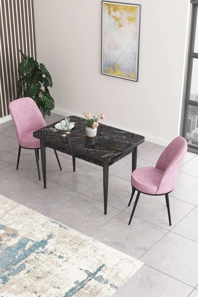 Canisa Concept Nil Serisi 70x110 Sabit Mutfak Masası Takımı Siyah Mermer Desen Masa 2 Pembe Sandalye ürün görseli 1