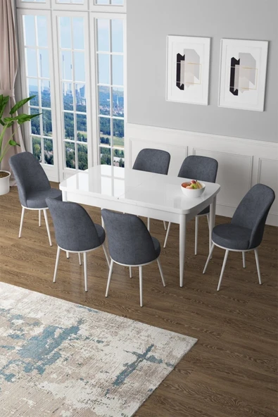 Canisa Concept Canisa Zen Serisi Mdf Açılabilir Mutfak Masası Takımı / Beyaz Masa ve 6 Füme Sandalye ürün görseli 1
