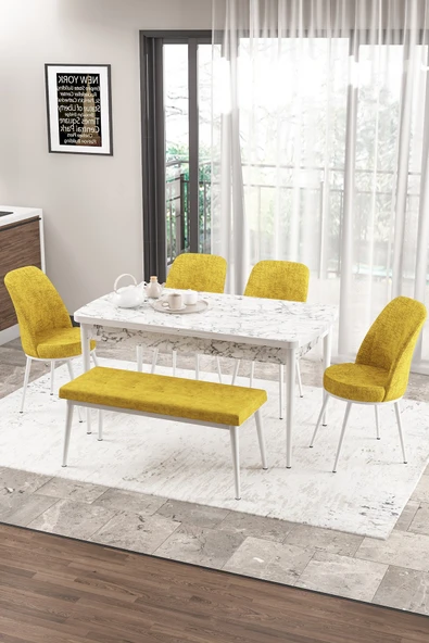 Canisa Concept Zen Serisi 80x132 Mdf Açılabilir Beyaz Mermer Desen Masa Takımı 4 Hardal Sandalye Ve 1 Bench ürün görseli 1