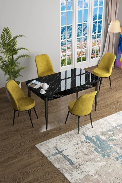 Canisa Concept Han Serisi 70x114 Açılabilir Mdf Mutfak Masası Takımı Siyah Mermer Desen Masa 4 Hardal Sandalye ürün görseli 1