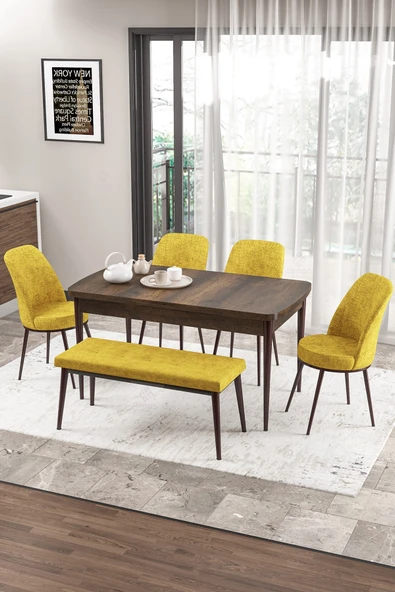 Canisa Concept Zen Serisi 80x132 Mdf Açılabilir Barok Ahşap Desen Masa Takımı 4 Hardal Sandalye Ve 1 Bench ürün görseli 1