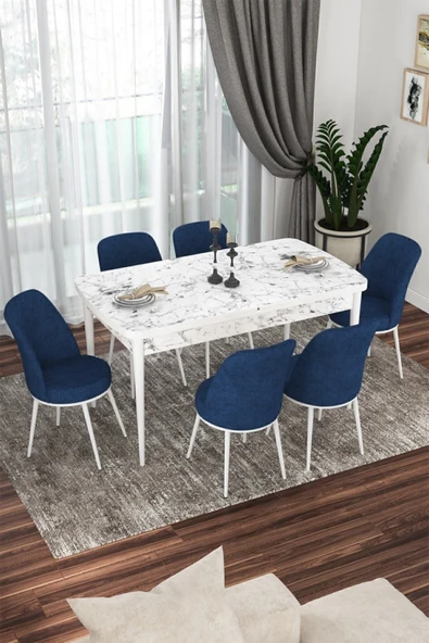 Canisa Concept Kor Serisi 70x114 Açılabilir Mutfak Masası Takımı Beyaz Mermer Desen Masa 6 Lacivert Sandalye ürün görseli 1