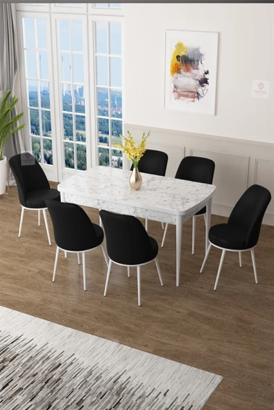 Canisa Concept Zen Serisi 80x132 Mdf Açılabilir Beyaz Mermer Desen Masa Takımı Ve 6 Siyah Sandalye ürün görseli 1