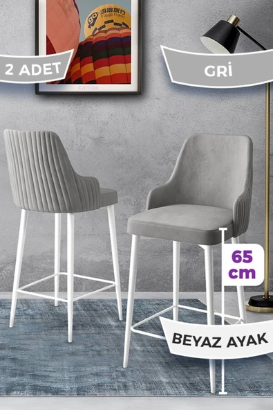 Canisa Tera Serisi 2 Gri Sandalye 65 Cm Ada Mutfak Bar Sandalyesi Babyface Kumaş Beyaz Metal Ayaklı ürün görseli 1
