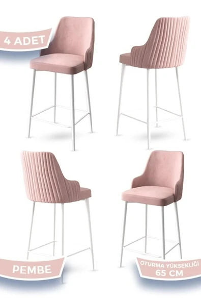 Canisa Tera Serisi 4 Pembe Sandalye 65 Cm Ada Mutfak Bar Sandalyesi Babyface Kumaş Beyaz Metal Ayaklı ürün görseli 1