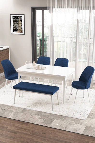Canisa Concept Zen Serisi 80x132 Mdf Açılabilir Beyaz Masa Takımı 4 Lacivert Sandalye Ve 1 Bench ürün görseli 1