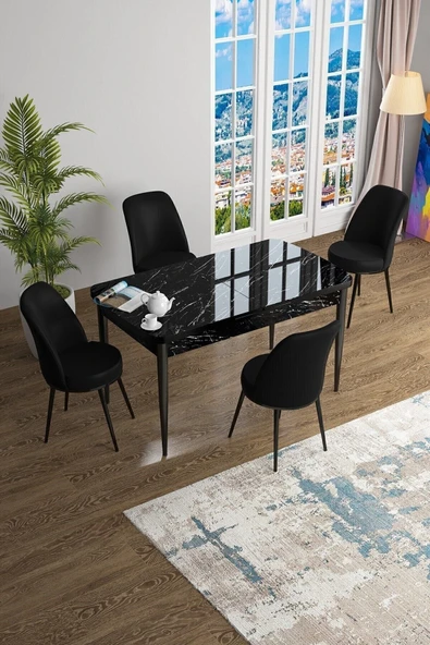 Canisa Concept Han Serisi 70x114 Açılabilir Mdf Mutfak Masası Takımı Siyah Mermer Desen Masa 4 Siyah Sandalye ürün görseli 1