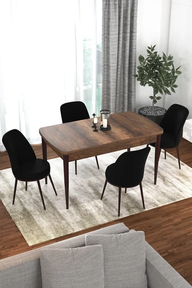Canisa Concept Kor Serisi 70x114 Açılabilir Mutfak Masası Takımı Barok Desen Masa 4 Siyah Sandalye ürün görseli 1