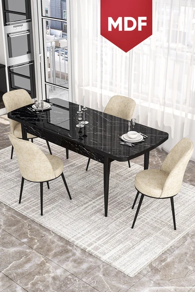 Canisa Concept Kor Serisi 70x114 Açılabilir MDF Mutfak Masası Takımı Siyah Mermer Desen Masa 4 Krem Sandalye ürün görseli 1