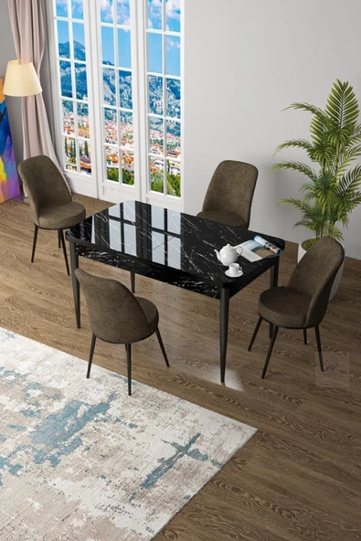 Canisa Concept Zen Serisi 80x132 Mdf Açılabilir Siyah Mermer Desen Masa Takımı Ve 4 Kahverengi Sandalye ürün görseli 1