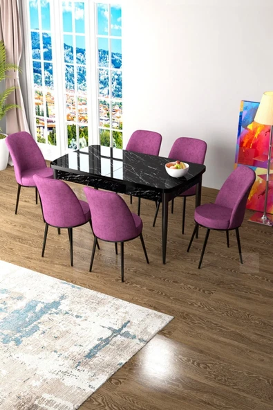 Canisa Concept Zen Serisi 80x132 Mdf Açılabilir Siyah Mermer Desen Masa Takımı Ve 6 Mor Sandalye ürün görseli 1