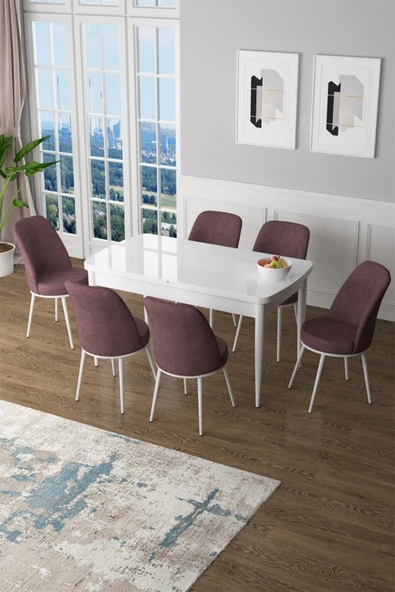 Canisa Concept Zen Serisi 80x132 Mdf Açılabilir Beyaz Mutfak Masası Takımı Ve 6 Gül Kurusu Sandalye ürün görseli 1