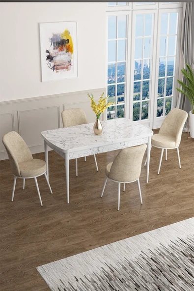 Canisa Concept Han Serisi 70x114, Açılabilir Mdf Mutfak Masa Takımı, Beyaz Mermer Desen Masa 4 Krem Sandalye ürün görseli 1