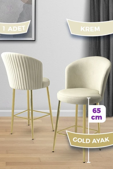 Canisa Alte Serisi 1 Adet Babyface Kumaş 65 cm Gold Kaplama Ayaklı Krem Bar Sandalyesi ürün görseli 1