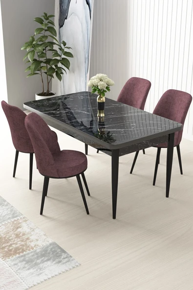 Canisa Concept Nil Serisi 70x110 Sabit Mutfak Masası Takımı Siyah Mermer Desen Masa 4 Gül Kurusu Sandalye ürün görseli 1