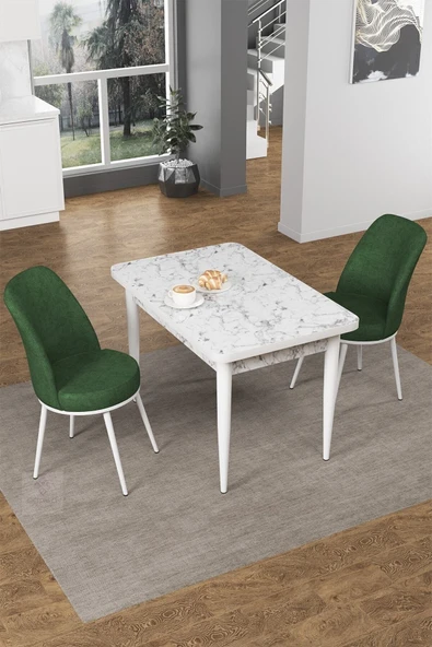 Canisa Concept Nil Serisi 70x110 Sabit Mutfak Masası Takımı Beyaz Mermer Desen Masa 2 Haki Yeşil Sandalye ürün görseli 1