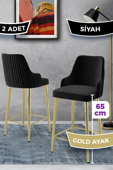 Canisa Tera Serisi 2 Adet Babyface Kumaş 65 cm Gold Kaplama Ayaklı Siyah Bar Sandalyesi ürün görseli 1