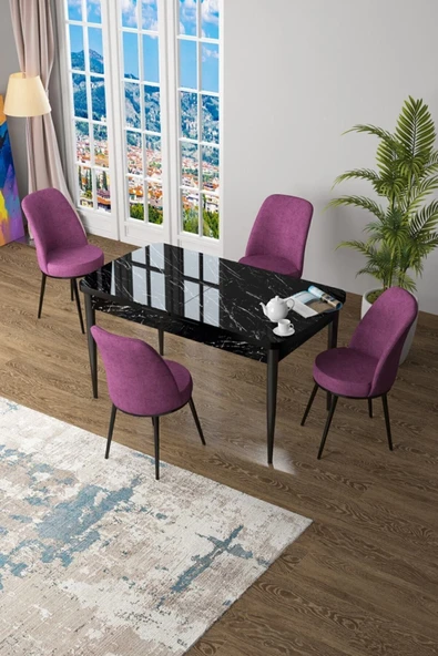 Canisa Concept Zen Serisi 80x132 Mdf Açılabilir Siyah Mermer Desen Masa Takımı Ve 4 Mor Sandalye ürün görseli 1