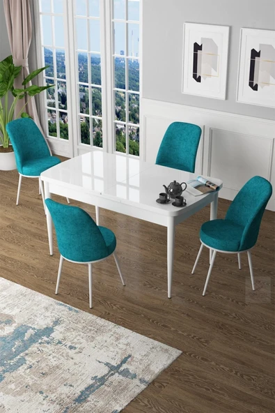 Canisa Concept Zen Serisi 80x132 Mdf Açılabilir Beyaz Masa Takımı Ve 4 Turkuaz Sandalye ürün görseli 1