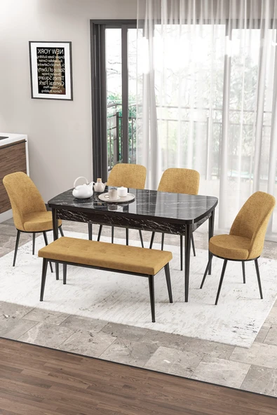 Canisa Zen Serisi 80x132 Mdf Açılabilir Siyah Mermer Desen Masa Takımı 4 Cappucino Sandalye Ve 1 Bench ürün görseli 1