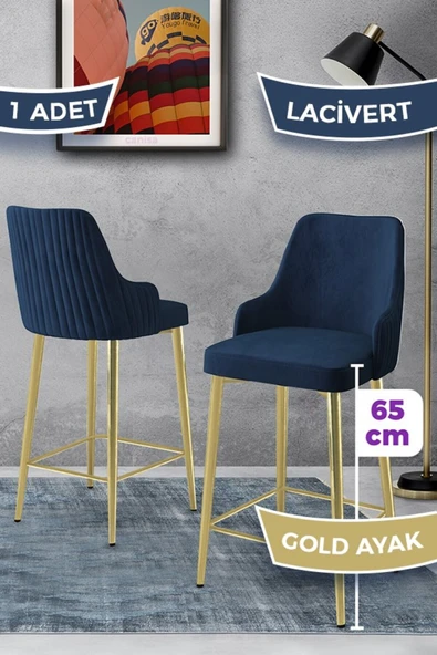 Canisa Tera Serisi 1 Adet Babyface Kumaş 65 cm Gold Kaplama Ayaklı Lacivert Bar Sandalyesi ürün görseli 1