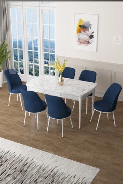 Canisa Concept Zen Serisi 80x132 Mdf Açılabilir Beyaz Mermer Desen Masa Takımı Ve 6 Lacivert Sandalye ürün görseli 1