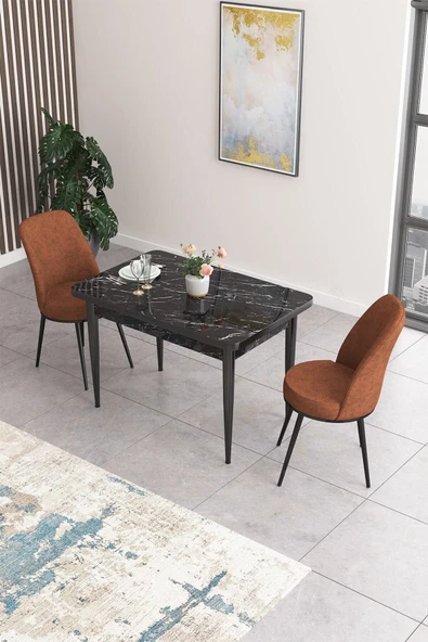 Canisa Concept Nil Serisi 70x110 Sabit Mutfak Masası Takımı Siyah Mermer Desen Masa 2 Kiremit Sandalye ürün görseli 1