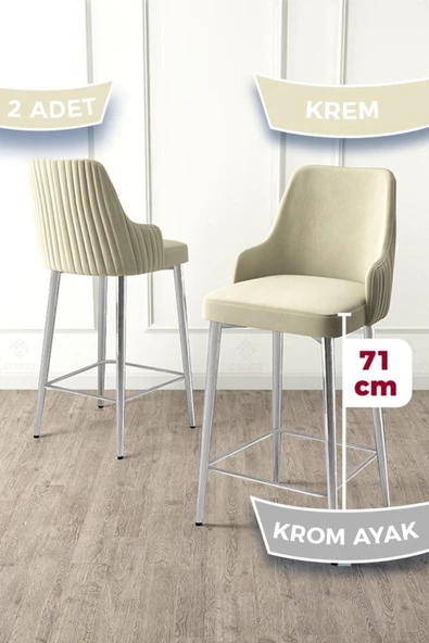 Canisa Enox Serisi 2 Adet Krem Mutfak Bar Sandalyesi Babyface Kumaş Krom Kaplama Metal Ayak ürün görseli 1