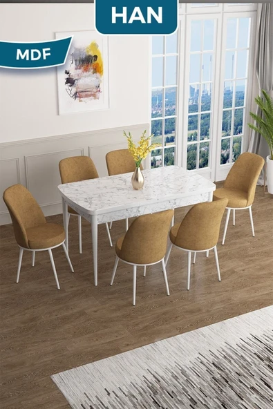 Canisa Han Serisi, 70x114 Açılabilir Mdf Masa Takımı, Beyaz Mermer Desen Masa 4 Cappucino Sandalye ürün görseli 1
