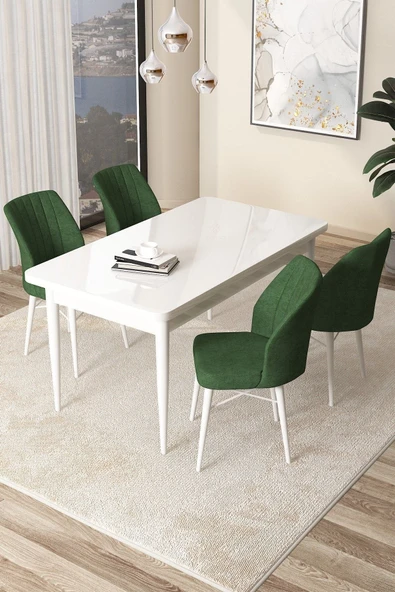 Canisa Concept Arp Serisi Sabit Mutfak Masası Takımı 70x110 Beyaz Masa 4 Haki Yeşil Sandalye ürün görseli 1