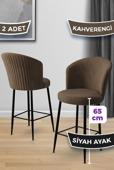 Canisa Alte Serisi 2 Adet Kahve Sandalye 65 Cm Ada Mutfak Bar Sandalyesi Babyface Kumaş Siyah Metal Ayak ürün görseli 1