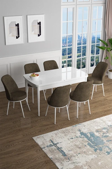 Canisa Concept Han Serisi 70x114 Açılabilir Mdf Mutfak Masası Takımı Beyaz Masa 6 Kahverengi Sandalye ürün görseli 1