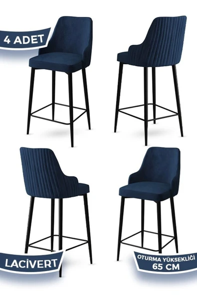 Canisa Tera Serisi 4 Lacivert Sandalye 65 Cm Ada Mutfak Bar Sandalyesi Babyface Kumaş Siyah Metal Ayaklı ürün görseli 1