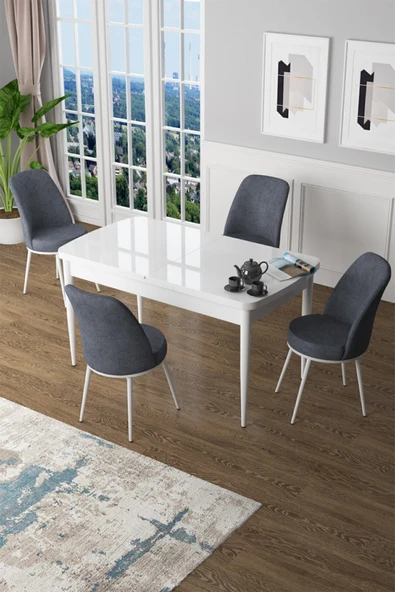 Canisa Concept Zen Serisi 80x132 Mdf Açılabilir Beyaz Masa Takımı Ve 4 Füme Sandalye ürün görseli 1