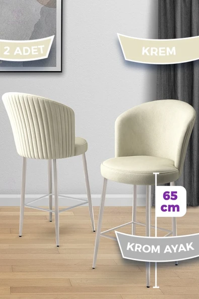 Canisa Alte Serisi 2 Adet Babyface Kumaş 65 cm Krom Kaplama Ayaklı Krem Bar Sandalyesi ürün görseli 1