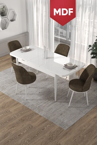 Canisa Kor Serisi 70x114 Açılabilir MDF Mutfak Masası Takımı Beyaz Masa 4 Kahverengi Sandalye ürün görseli 1