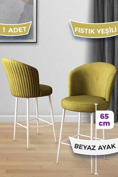 Canisa Alte Serisi 1 Adet 65 Cm Fıstık Yeşili Ada Mutfak Bar Sandalyesi Babyface Kumaş Beyaz Metal Ayaklı ürün görseli 1