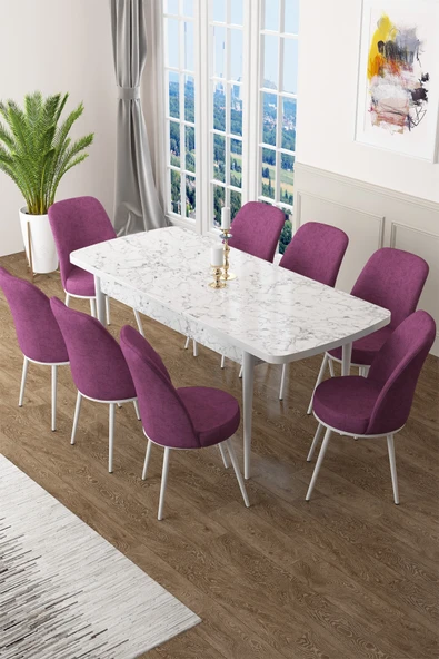 Canisa Concept Zen Serisi 80x132 Mdf Açılabilir Beyaz Mermer Desen Masa Takımı Ve 8 Mor Sandalye ürün görseli 1