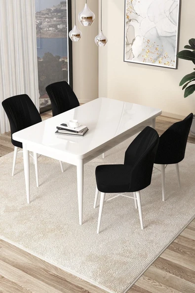 Canisa Concept Arp Serisi 70x110 Sabit Mutfak Masası Takımı Beyaz Masa 4 Siyah Sandalye ürün görseli 1
