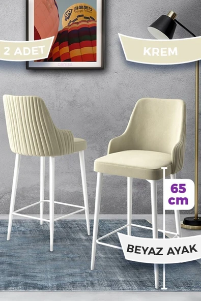 Canisa Tera Serisi 2 Krem Sandalye 65 Cm Ada Mutfak Bar Sandalyesi Babyface Kumaş Beyaz Metal Ayaklı ürün görseli 1
