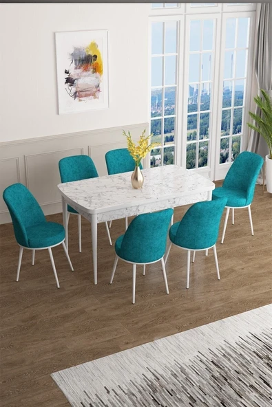 Canisa Concept Han Serisi 70x114 Açılabilir Mdf Mutfak Masası Takımı Beyaz Mermer Desen Masa 6 Turkuaz Sandalye ürün görseli 1