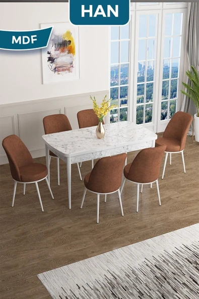 Canisa Han Serisi, 70x114 Açılabilir Mdf Masa Takımı, Beyaz Mermer Desen Masa Ve 6 Kiremit Sandalye ürün görseli 1