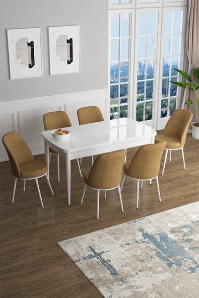 Canisa Concept Han Serisi 70x114 Açılabilir Mdf Mutfak Masası Takımı Beyaz Masa 6 Cappucino Sandalye ürün görseli 1