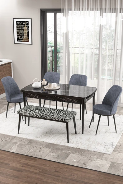 Canisa Zen Serisi 80x132 Mdf Açılabilir Siyah Mermer Desen Masa Takımı 4 Füme Sandalye Ve 1 Zebra Bench ürün görseli 1